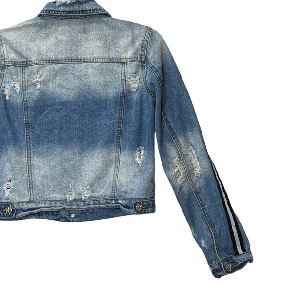 Crave Fame Crop Denim Jacket Womens XS Blue Medium Wash Long Sleeve Distressed B - Picture 7 of 11